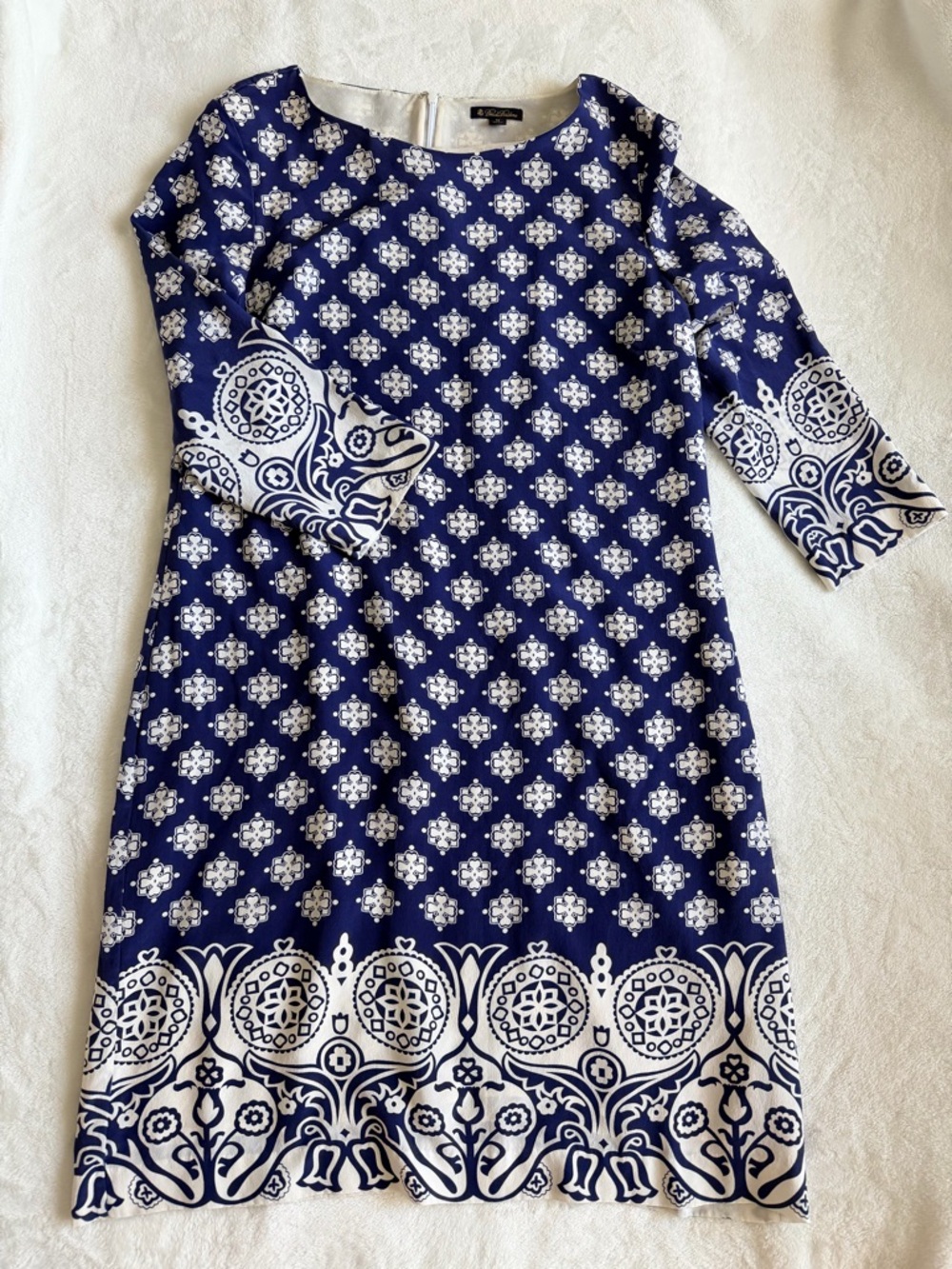 Brooks Brothers 100% Silk Navy & White Printed Midi Dress